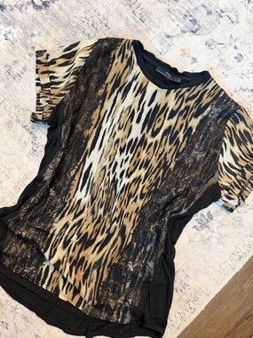 Zara Black and Tan Leopard Print Lace Panel Short Sleeve Top